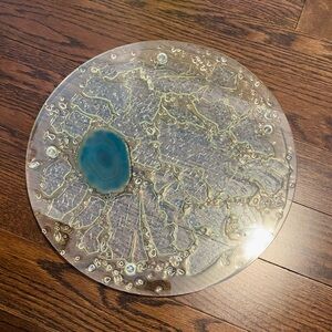 Round Resin & Glass Art Serving Tray with a Blue Geode Inclusion